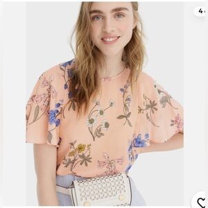 J Crew Silk Peach Flutter Sleeve Floral Blouse Size Small